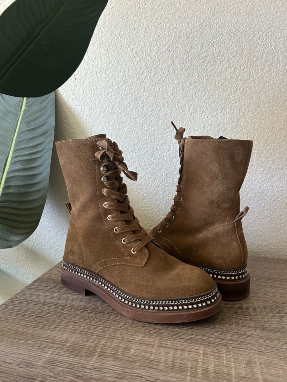 Vince Camuto Branda Studded Suede Lace Up Moto Combat Booties